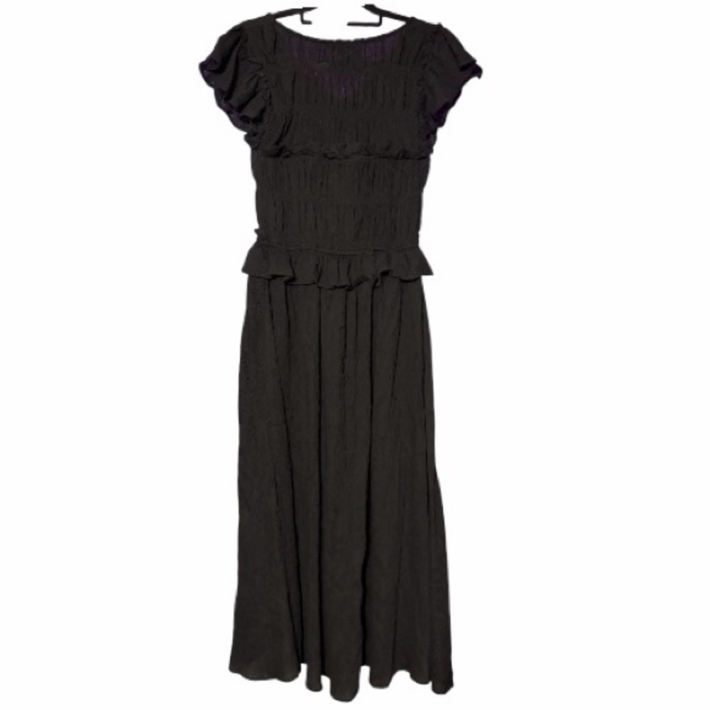 Tuckernuck Moon River Black Flutter Sleeve Smocked Bodice Midi Dress Ruffle Trim - Picture 8 of 11